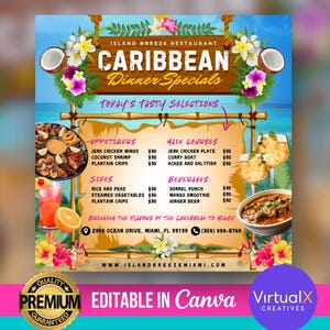 Folleto de menú de comida caribeña, restaurante jamaiquino, folleto de menú de comida haitiana, menú de catering editable, folleto de ofertas especiales de cena, plantilla de Canva para hacer uno mismo