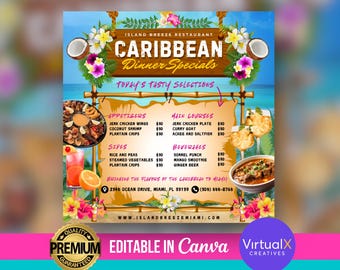 May include: A colorful menu for a Caribbean restaurant called Island Breeze Restaurant. The menu features a variety of appetizers, main courses, and beverages. The menu is decorated with tropical flowers and a beach scene. The text on the menu includes the restaurant's name, address, and phone number. The menu also includes the phrase "Bringing the flavors of the Caribbean to Miami."