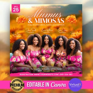 Mumus and Mimosa's, flyer damesretraite, flyer damesvergadering conferentie, oranje bloemenevenement, sjabloon netwerkbrunch, bewerkbaar op canvas