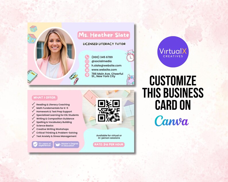 May include: A business card with a photo of a woman, contact information, and a list of services offered. The card has a pink and lavender color scheme with the text "Ms. Heather Slate, Licensed Literacy Tutor."