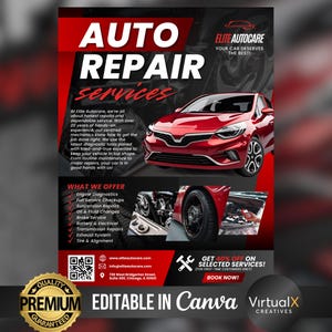 Może przedstawiać: Czerwono-czarna reklama usług naprawy samochodów. Tekst "AUTO REPAIR SERVICES" jest wyraźnie widoczny. Reklama zawiera grafikę czerwonego samochodu, oferty usług i dane kontaktowe Elite Autocare.