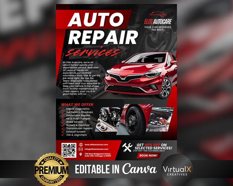 May include: A red and black advertisement for auto repair services. The text "AUTO REPAIR SERVICES" is prominently displayed. The ad includes a red car graphic, service offerings, and contact information for Elite Autocare.