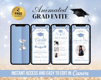 Cielito Lindo Graduation Fiesta Invitation, Mexican Talavera Invite, Dusty Blue Papel Picado Video, Animated Hermoso Carino Digital Evite