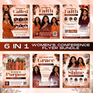 May include: A 6-in-1 women's conference flyer bundle featuring six distinct templates with warm, autumnal colour palettes. Each flyer includes placeholder text, event details, QR codes, and professional photography of individuals in elegant attire.