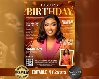 Pastors Birthday Celebration Flyer | Pastor Appreciation Magazine Template | Editable Church Event |  Pastoral Anniversary Poster