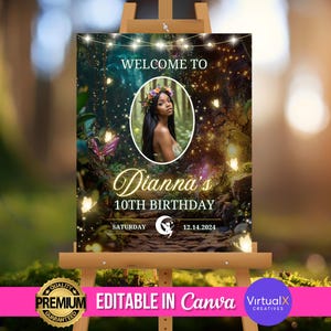 Letrero de bienvenida para fiesta de cumpleaños de Bosque Mágico, Letrero de cumpleaños para jardín de hadas DIY, Fondo de fiesta de Bosque Encantado, Plantilla de letrero de bienvenida de hadas