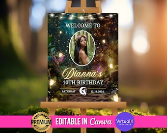 Magical Forest Birthday Party Welcome Sign, DIY Fairy Garden Bday Signage, Enchanted Forest Party Backdrop, Fairy Welcome Sign Template