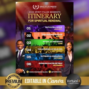 Puede incluir: Un póster colorido con un itinerario para la renovación espiritual en 2025. El póster presenta un calendario de eventos con títulos como "Fe y compañerismo", "Adoración empoderadora" y "Retiro de encuentro divino". El póster también incluye el texto "Grace of Life Ministry International Group" y "Editable en Canva".