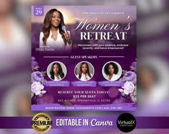 Women&#39;s Retreat Flyer, Women&#39;s Meeting Conference Flyer, Guest Speaker, Purple Floral Event, Networking Celebration, Editable Canva Template