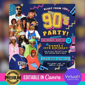 90s Birthday Party Flyer, Retro Birthday Party, House Party Invite, DIY Canva Flyer, 90s Hiphop Rapper Template, 99 Millennial Invite