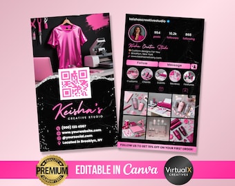 Tarjeta de presentación de Instagram Pink Craft, Tarjetas para emprendedores creativos, Tarjeta de presentación de IG hecha a mano, Plantilla de marketing para impresión de camisetas y vasos