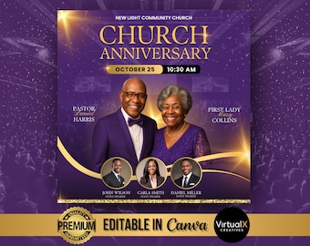 May include: A purple and gold church anniversary flyer with a photo of a pastor and first lady. The flyer includes the text "Church Anniversary", "October 25", "10:30 AM", "Pastor Daniel Harris", "First Lady Mary Collins", and "Editable in Canva".