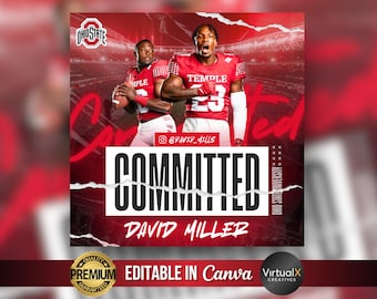 Sports Committed Poster, Commitment Social Media Flyer, Signing Day Template, High School Sports Commitment, Game Day DIY Canva Flyer Design