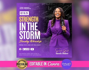 May include: Purple and white flyer with the text "Strength in the Storm" and "Sunday Worship" with a woman in a purple suit speaking into a microphone. The flyer also includes the text "Finding Faith When Life Feels Heavy" and "Special Guest Sarah Baker".