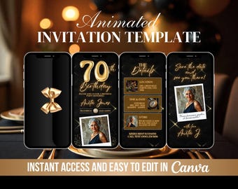 70th Birthday Invitation, Gold 70th Birthday Party Animated Invite, Digital 70th Dinner Party Video Canva E-vite, Editable Black and Gold