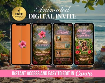 Aloha Luau Birthday Invite, Tropical Party Animated Invitation, Editable Tiki Party, Hawaiian Bday Video Canva E-vite, Island Theme Party