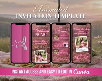 Birthday Picnic Invite, Pink Picnic Party Animated Invitation, Editable Summer Tea Party, Digital Garden Party, Beach Park Video Canva Evite