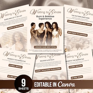 Könnte beinhalten: Ein Satz von neun bedruckbaren Journalblättern mit dem Text "Waiting to Exhale" in einer Schreibschrift. Die Blätter enthalten Aufforderungen zur Selbstreflexion und zum Loslassen, mit dem Wort "Editable in Canva" unten.