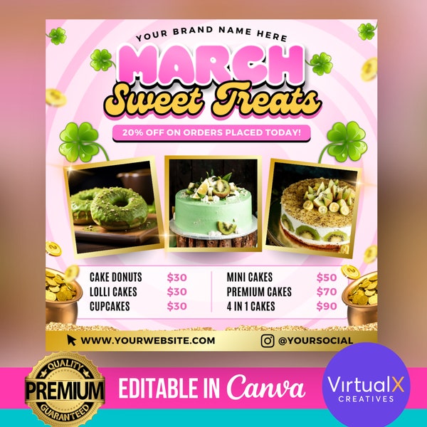 March Sweet Treats Flyer, St. Patrick's Day Cake Flyer, Dessert Flyer, DIY Flyer Template, March Pastry Flyer, Premade Bakery Flyer