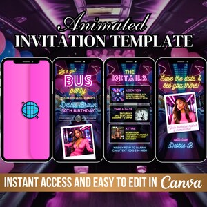 Può includere: Modello di invito digitale animato per una festa in autobus. Il modello presenta uno schema di colori rosa e blu neon con testo che dice "Let's go! Bus party", "Debbie Brown 30th Birthday", "The Details", "Location", "Time & Date", "Attire", "Save the date & see you there!" e "with love Debbie B."