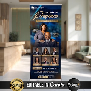 Könnte beinhalten: Ein vertikales Banner mit dem Text "In God's Presence" und "When Heaven Touches Earth." Es zeigt Bilder von Personen und Veranstaltungsdetails. Das Banner enthält den Text "Editable in Canva" und ein "Premium Guaranteed" Siegel.