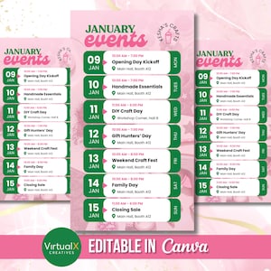 Può includere: Volantini rosa per eventi di gennaio, con un programma degli eventi. I volantini hanno uno sfondo rosa con il testo "January Events" in alto. Il programma include date, orari e nomi di eventi come "Opening Day Kickoff".