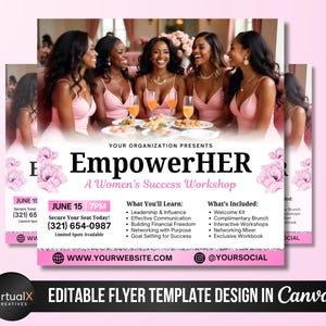 May include: A pink flyer with a floral design and the text "EmpowerHER A Women's Success Workshop" with details about the workshop, including the date, time, and contact information. The flyer also includes a website address and social media handle.