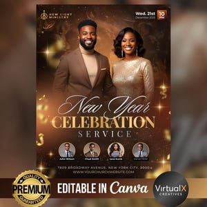Könnte beinhalten: Werbeflyer für einen Neujahrsfeier-Gottesdienst. Das Design zeigt einen Mann und eine Frau in formeller Kleidung, mit goldenem Konfetti und dem Text "New Year Celebration Service". Zusätzlicher Text lautet "Editable in Canva."