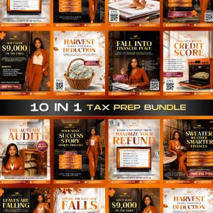 May include: A 10-in-1 tax preparation bundle digital marketing graphic featuring multiple panels with autumn-themed imagery, text overlays, and professional financial service advertisements for tax planning, credit scores, and financial consulting.