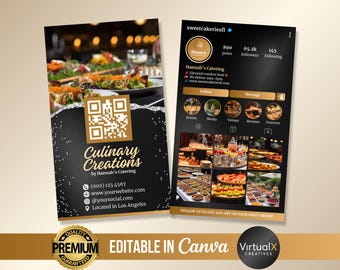 Puede incluir: Una tarjeta de visita negra y dorada para Culinary Creations by Hannah's Catering. La tarjeta presenta un código QR, información de contacto y el texto "Culinary Creations by Hannah's Catering (000) 123 4567 www.yourwebsite.com @yoursocial.com Ubicado en Los Ángeles". La tarjeta también tiene un sello dorado que dice "Calidad Premium Garantizada".