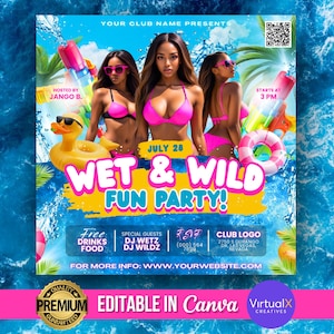 May include: A colorful flyer advertising a "Wet & Wild Fun Party" on July 28th. The flyer features a tropical beach scene with palm trees, water, and a pool float. The text "Free Drinks & Food" is highlighted in a yellow box. The flyer also includes the names of two DJs, DJ Wetz and DJ Wildz, and a QR code.