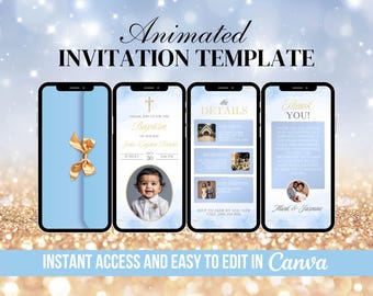 Invitación de bautizo azul y dorado, invitación de bautizo para niño, video de bautizo moderno en acuarela, bautizo azul animado, invitación con lienzo fotográfico.