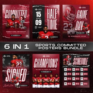 May include: A bundle of six sports-themed posters in shades of red and white. The posters feature football players, helmets, and text such as "Committed," "Half Time," "Game Day," "Signed," "Champions," and a schedule.