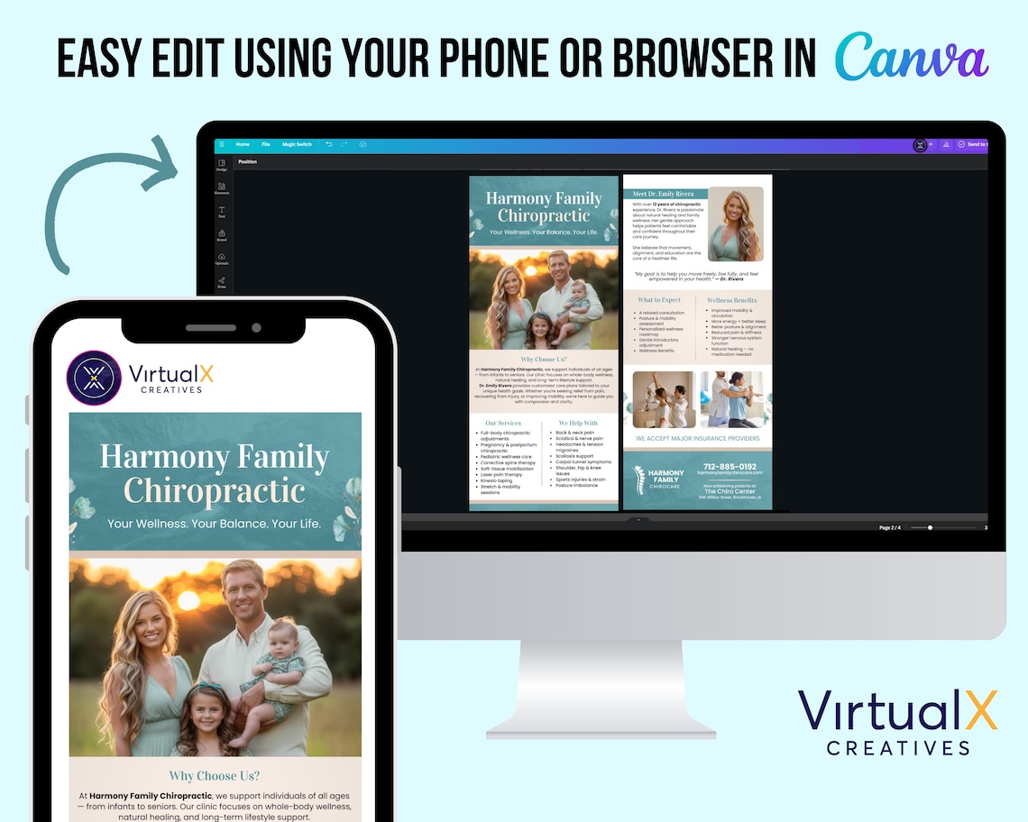 Chiropractic Office Rack Cards, Editable Family Wellness Canva Template ...