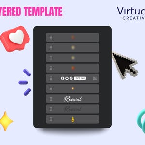Peut inclure: Un mod&egrave;le de conception num&eacute;rique avec le texte "LAYERED TEMPLATE" en haut. Le mod&egrave;le est sur une interface de type tablette noire avec diverses ic&ocirc;nes et le mot "Revival". Un curseur survole l'interface, avec des ic&ocirc;nes de m&eacute;dias sociaux et une ic&ocirc;ne de c&oelig;ur.