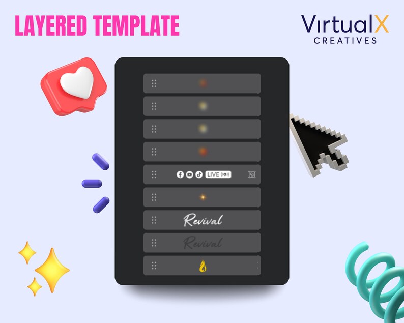 Peut inclure: Un mod&egrave;le de conception num&eacute;rique avec le texte "LAYERED TEMPLATE" en haut. Le mod&egrave;le est sur une interface de type tablette noire avec diverses ic&ocirc;nes et le mot "Revival". Un curseur survole l'interface, avec des ic&ocirc;nes de m&eacute;dias sociaux et une ic&ocirc;ne de c&oelig;ur.