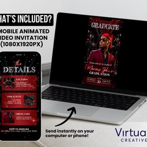 May include: A laptop and smartphone displaying a graduation invitation. The invitation features a photo of a person in a red graduation gown. The phone screen shows event details, including location, time, and dress code. Text includes "GRADUATE" and "Marcus John's GRADUATION".
