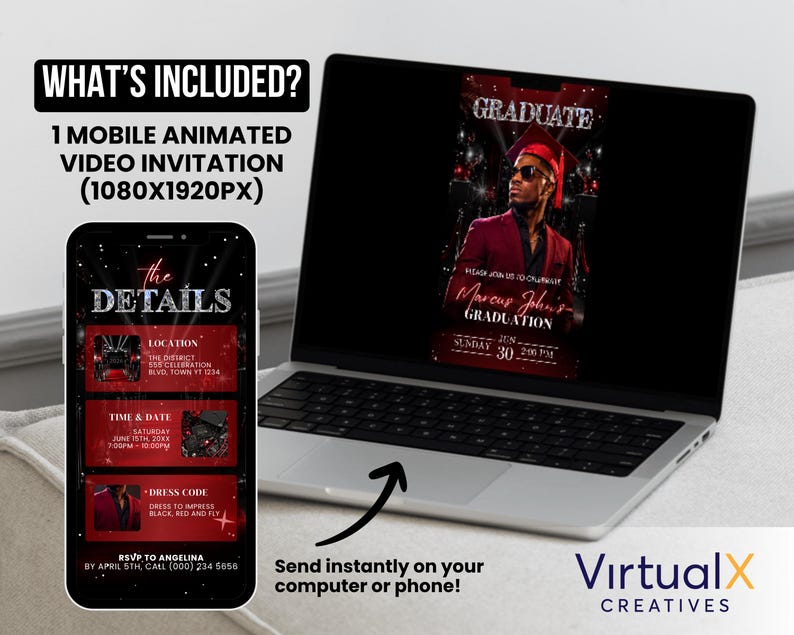 May include: A laptop and smartphone displaying a graduation invitation. The invitation features a photo of a person in a red graduation gown. The phone screen shows event details, including location, time, and dress code. Text includes "GRADUATE" and "Marcus John's GRADUATION".