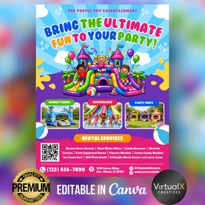 Plantilla de folleto para alquiler de castillos hinchables, fiestas infantiles, anuncios de alquiler de inflables, toboganes acuáticos, alquiler de carpas, sillas y mesas, marketing para fiestas de saltos en Canva imagen 6