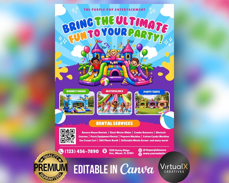 Plantilla de folleto para alquiler de castillos hinchables, fiestas infantiles, anuncios de alquiler de inflables, toboganes acuáticos, alquiler de carpas, sillas y mesas, marketing para fiestas de saltos en Canva imagen 6
