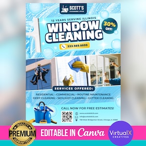 Ulotka Clear Window Cleaning Service, ulotka firmy sprzątającej, edytowalna ulotka dotycząca mycia okien, ulotka dotycząca sprzątania domu, szablon Canva DIY do wydrukowania