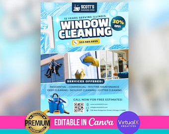 May include: A flyer advertising window cleaning services in Illinois. The flyer features a blue and white colour scheme with a photo of a window cleaner working on a high-rise building. The flyer includes the company name "Scott's Cleaning Svcs", a phone number, and a website address. The flyer also states that the company offers a 30% discount on window cleaning services.