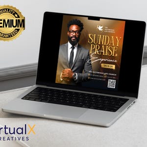 May include: A laptop displays a promotional graphic for "Sunday Praise Experience" from The Victorious Life Church. The image features a man in a suit and tie, with text and a QR code. A gold "Premium Guaranteed" seal is in the upper left.