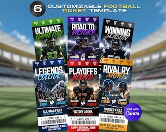 6 Football Ticket Template Bundle, Editable Canva Birthday Invitation, Sports Event Admit One Printable