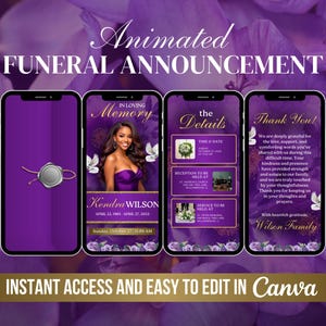 Puede incluir: Una plantilla digital de anuncio fúnebre que se muestra en cuatro teléfonos inteligentes. El diseño presenta una combinación de colores púrpura y dorado con detalles florales. El texto incluye "Anuncio fúnebre animado", "En memoria cariñosa" y "¡Gracias!" El logotipo de Canva también es visible.