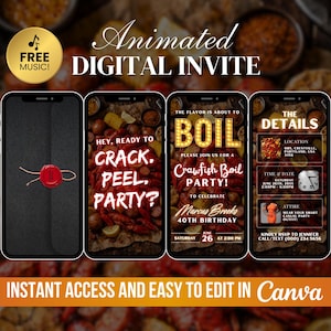May include: Animated digital invite on a smartphone screen. The invite features text that reads "Hey, ready to crack, peel, party?" and "Crawfish Boil Party!" with event details. Includes a gold circle with "Free Music!"