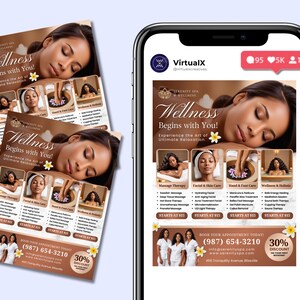 K&ouml;nnte beinhalten: Ein brauner und wei&szlig;er Flyer mit dem Text "Wellness Begins with You!" und Bildern von Spa-Behandlungen. Der Flyer wirbt f&uuml;r ein Spa namens "Serenity Spa & Wellness" und enth&auml;lt eine Telefonnummer und eine Website-Adresse.
