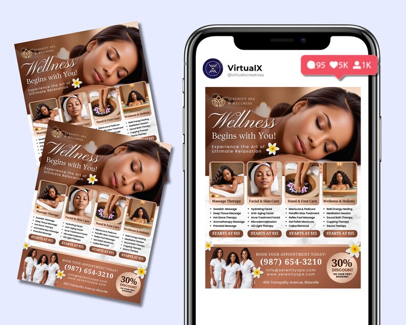 K&ouml;nnte beinhalten: Ein brauner und wei&szlig;er Flyer mit dem Text "Wellness Begins with You!" und Bildern von Spa-Behandlungen. Der Flyer wirbt f&uuml;r ein Spa namens "Serenity Spa & Wellness" und enth&auml;lt eine Telefonnummer und eine Website-Adresse.