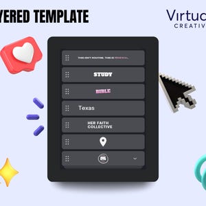 Peut inclure: Une tablette num&eacute;rique avec une interface gris fonc&eacute; affiche du texte, notamment "LAYERED TEMPLATE", "STUDY", "BIBLE" et "Texas". Une ic&ocirc;ne de c&oelig;ur rouge, un curseur et d'autres &eacute;l&eacute;ments graphiques sont &eacute;galement pr&eacute;sents. Le logo "Virtual X Creatives" est en haut &agrave; droite.