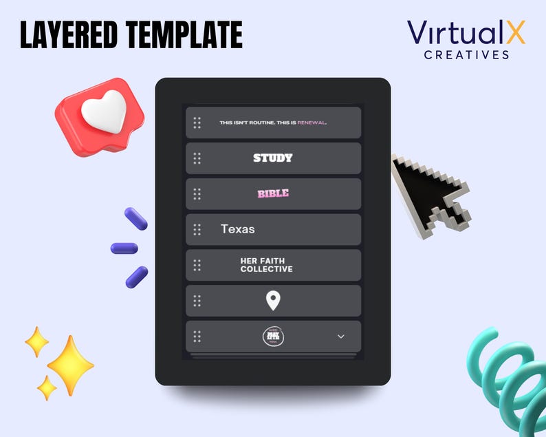 Peut inclure: Une tablette num&eacute;rique avec une interface gris fonc&eacute; affiche du texte, notamment "LAYERED TEMPLATE", "STUDY", "BIBLE" et "Texas". Une ic&ocirc;ne de c&oelig;ur rouge, un curseur et d'autres &eacute;l&eacute;ments graphiques sont &eacute;galement pr&eacute;sents. Le logo "Virtual X Creatives" est en haut &agrave; droite.
